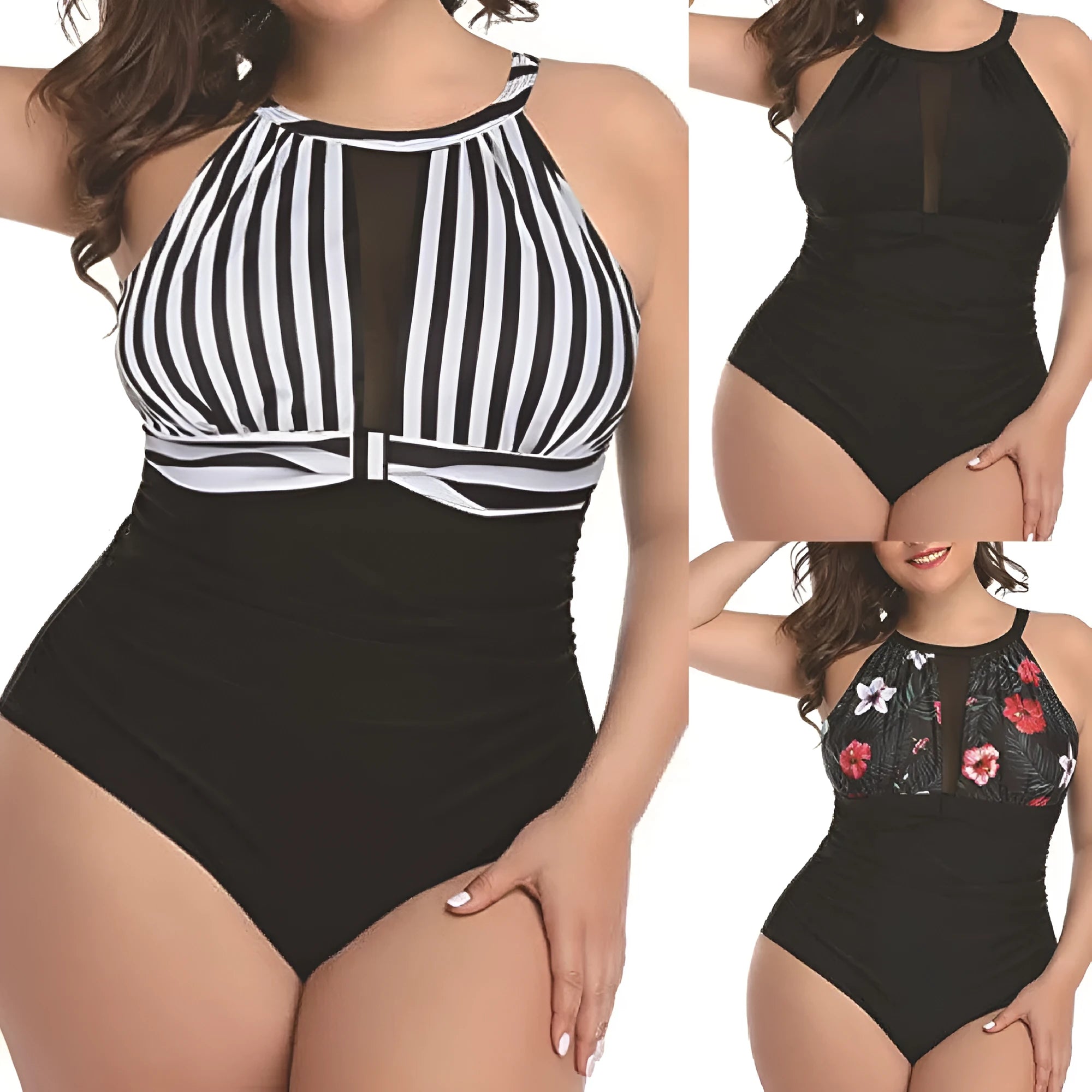 Women's black, red floral, and striped one-piece swimsuits in polyester fabric.