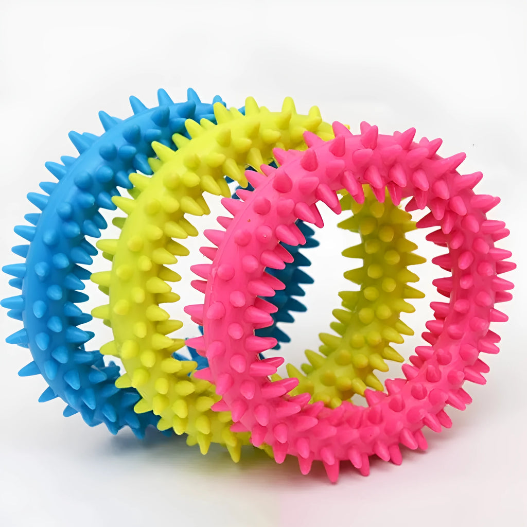 Blue TPR spiky circle ring dog chew toy for dental cleaning on a white background.
