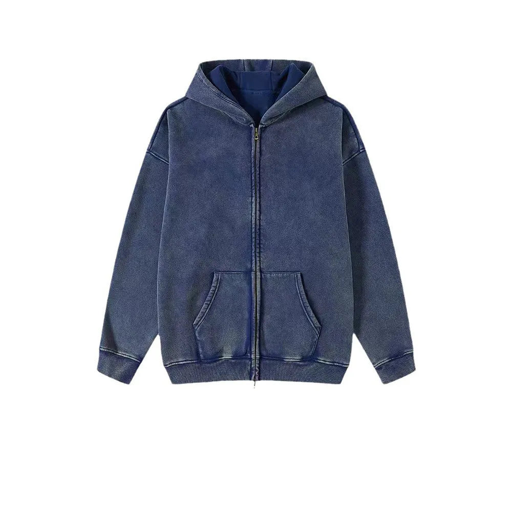Men's washed cotton hooded cardigan sweater with fleece lining and a double zipper front.