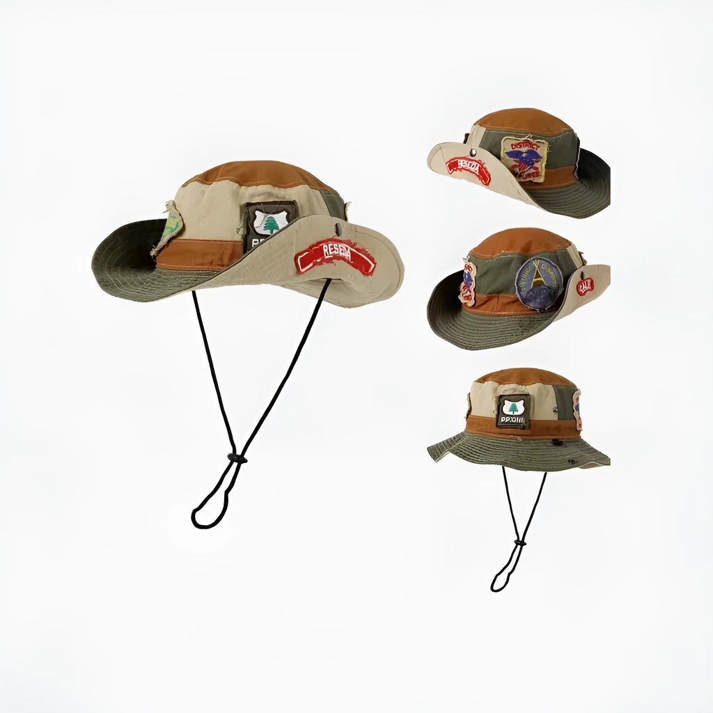 Army green cotton foldable fisherman hat with patchwork details and flat top crown