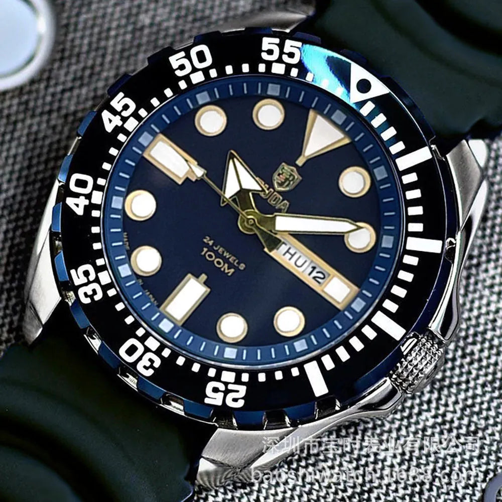 Men's waterproof luminous watch with blue dial on a steel bracelet.