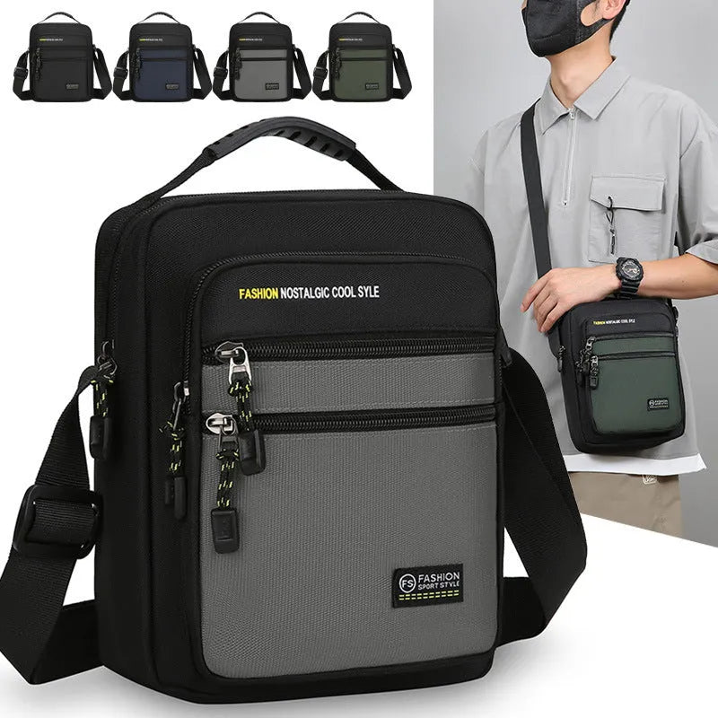 Men's nylon crossbody bag in green, shown with multiple pockets and adjustable shoulder strap.