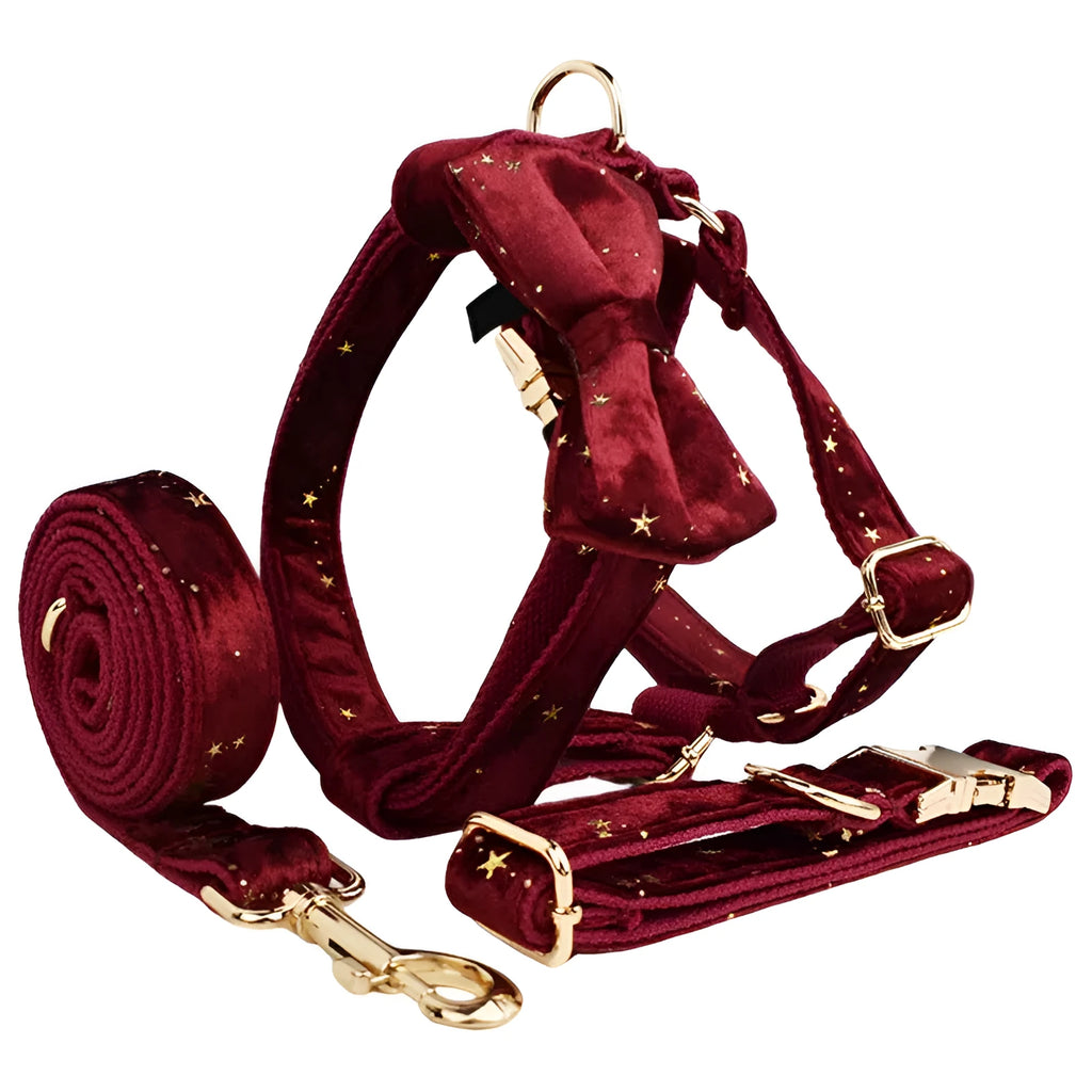 Fabric pet collar set with dog leash, rope, bow, flowers, vest, and poop bag in sizes XS to XL