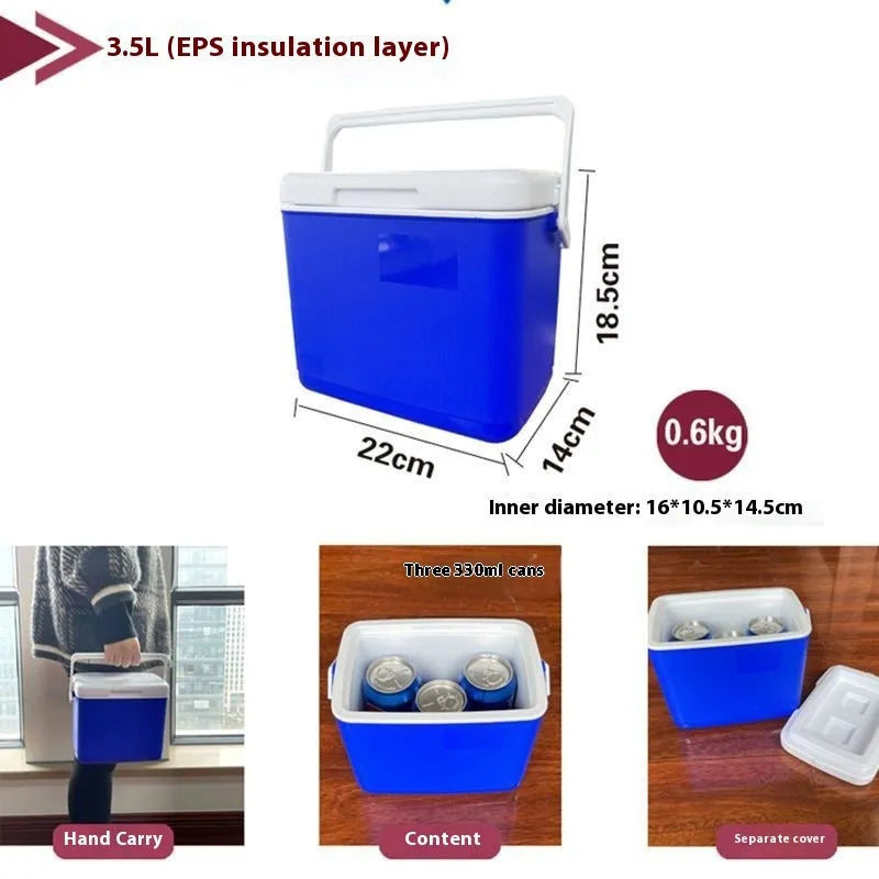 Blue portable insulated cooler box with aluminium foil lining, showing various capacity size options.