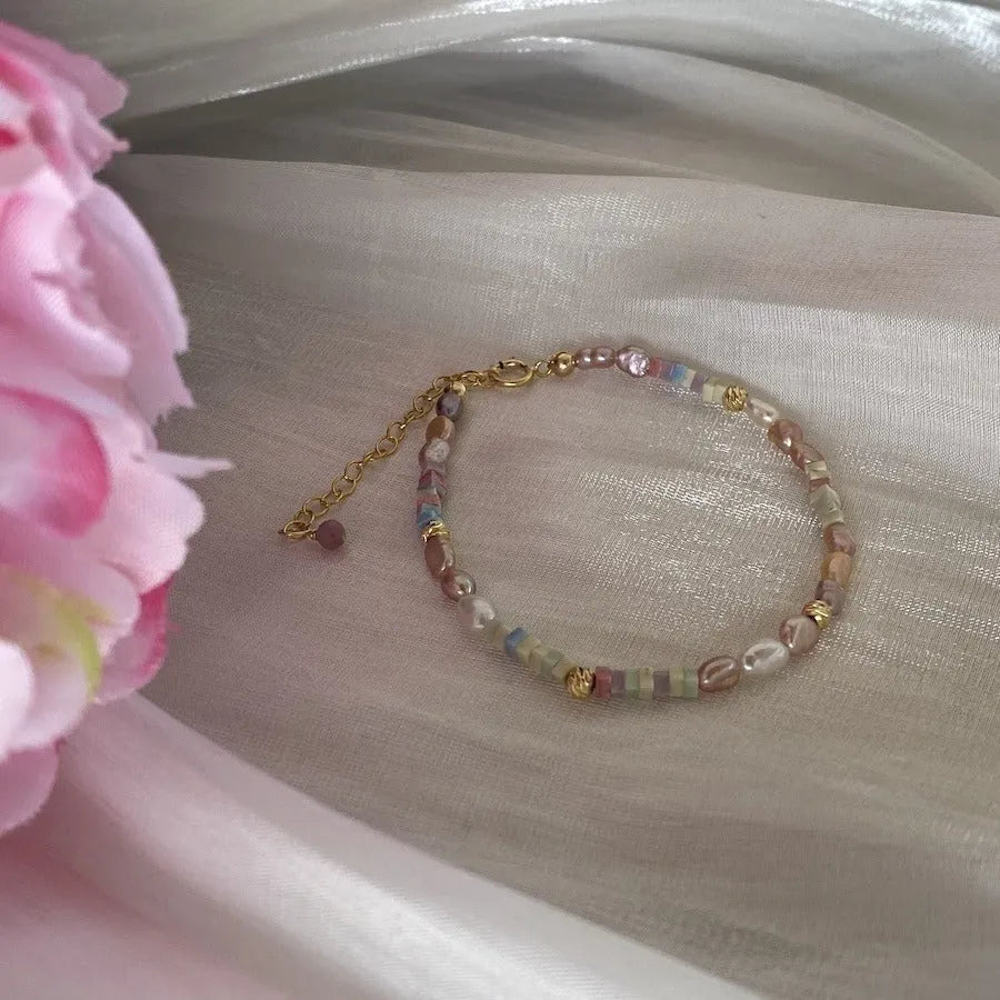 Natural pearl bracelet and necklace set with purple 14K gold accents and silver elements