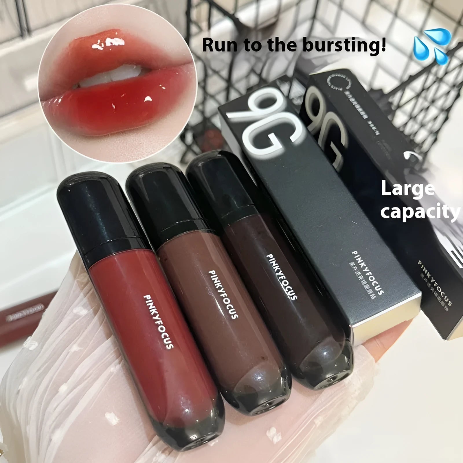 Black shiny Mirror Lip Lacquer tube with six swatches showing matte shades from tomato to sweet potato.