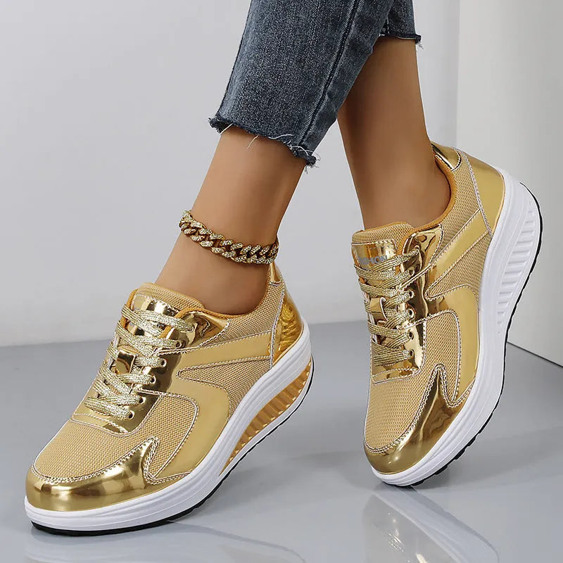 Women's gold platform casual shoes with mesh upper and cross strap design showing 3-5cm heel height