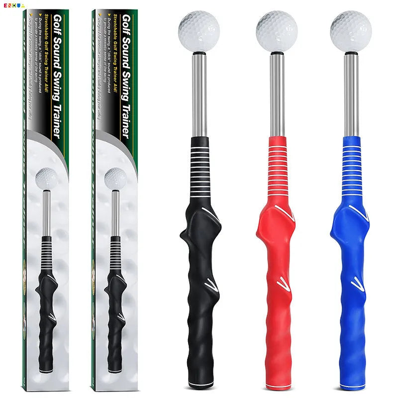 Telescopic golf swing practice trainer with stainless steel shaft in black, blue, and red colour options