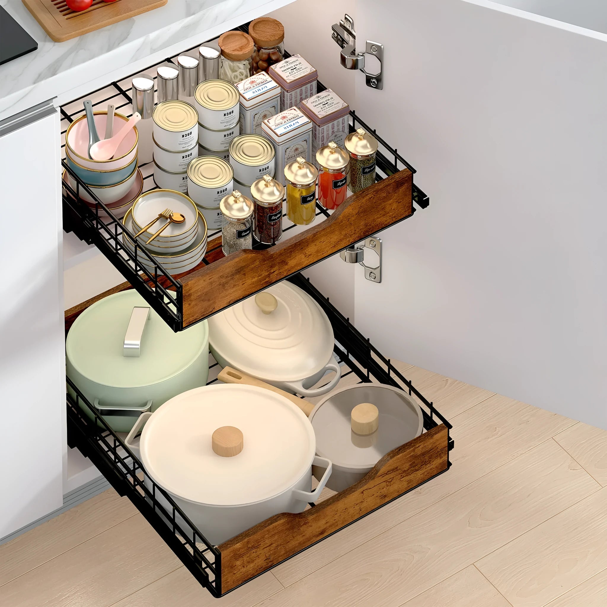Black wooden pull-out basket drawer storage rack with iron frame for kitchen organisation