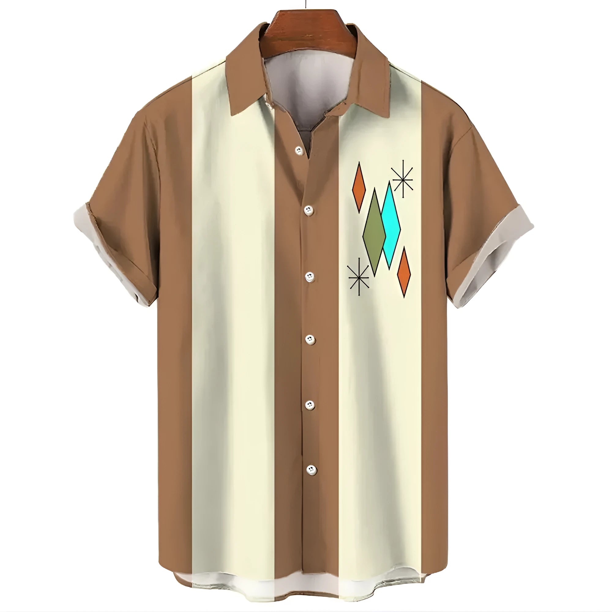 Men's striped Hawaiian short sleeve shirt with button front and elastic band construction