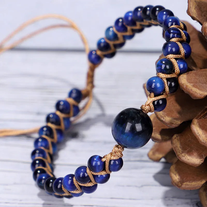 Handmade woven pull bracelet with Tigereye or Amethyst gemstone beads in geometric design
