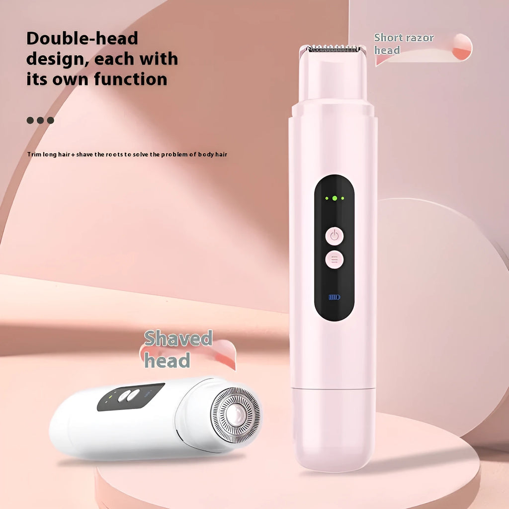 White portable electric armpit hair trimmer with USB cable on pink background
