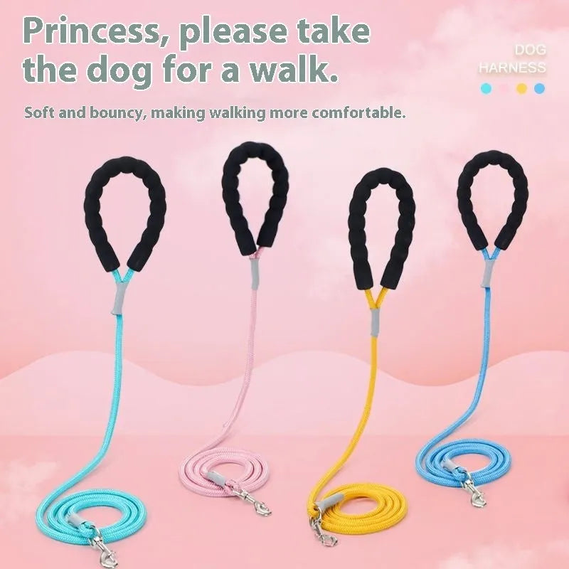Polyester dog vest and rope leash set in blue, green, pink, or yellow colours