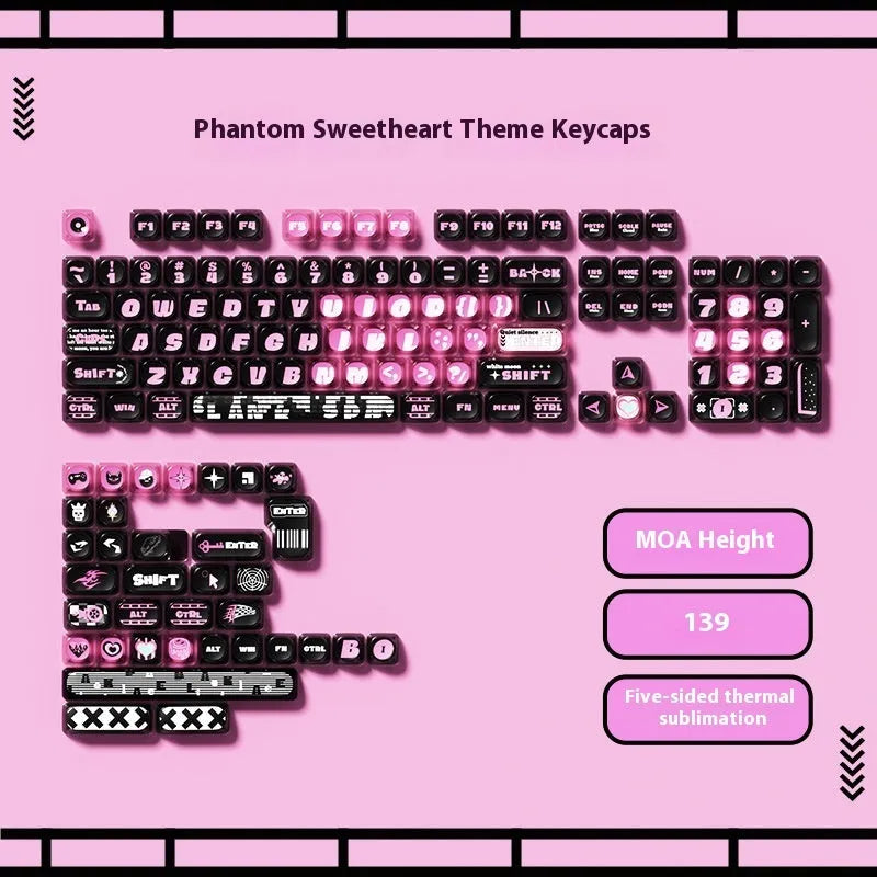 Full set of colourful cartoon pig and anime-themed mechanical keyboard keycaps with sublimation printing on a black background.