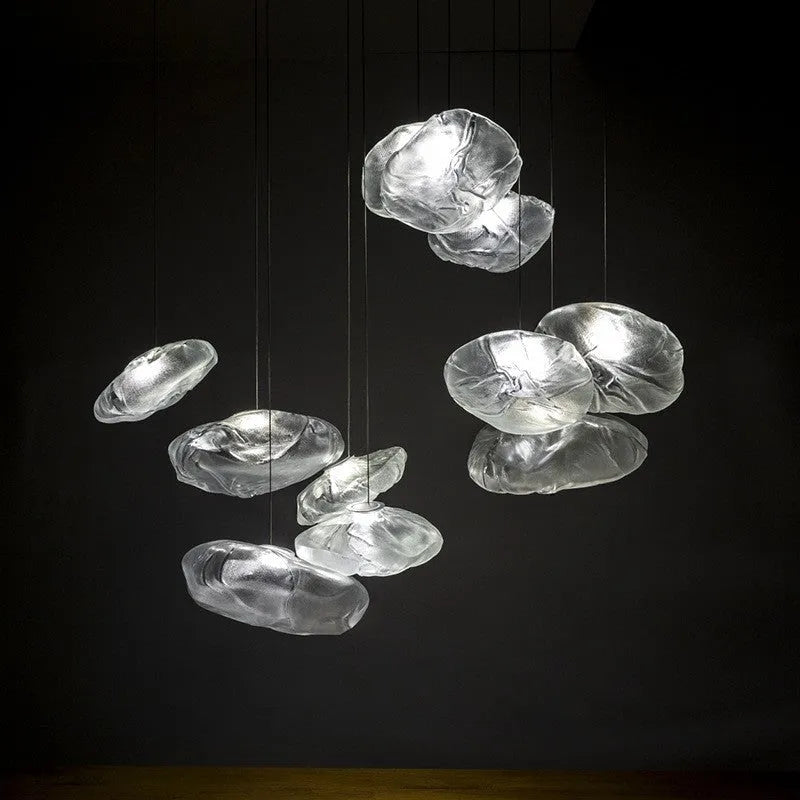 Modern European fabric chandelier with glass shade in amber, clear, or smoke grey colours