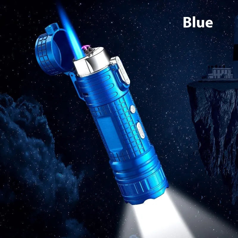 TH727 multi-function metal flashlight lighter showing colour options: black, blue, camouflage, red, yellow