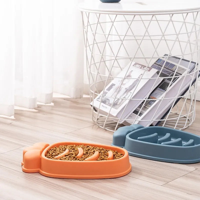 Radish slow food anti-tumble plastic pet bowl in Mango Yellow, Twilight Orange, Gentiana Green or ink blue.