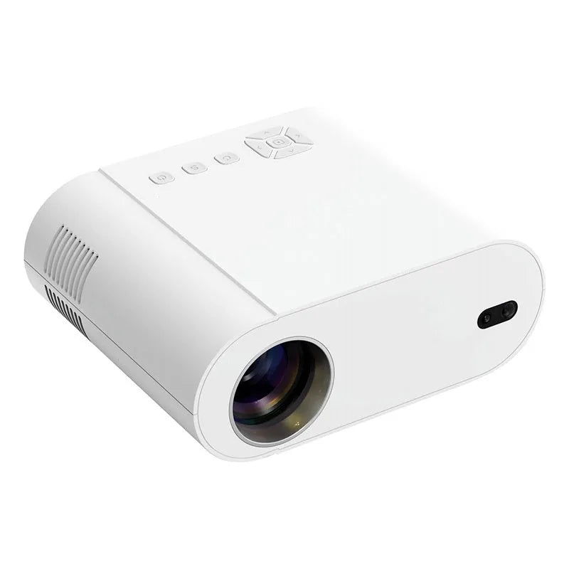 White Full HD smart projector with remote control on dark surface