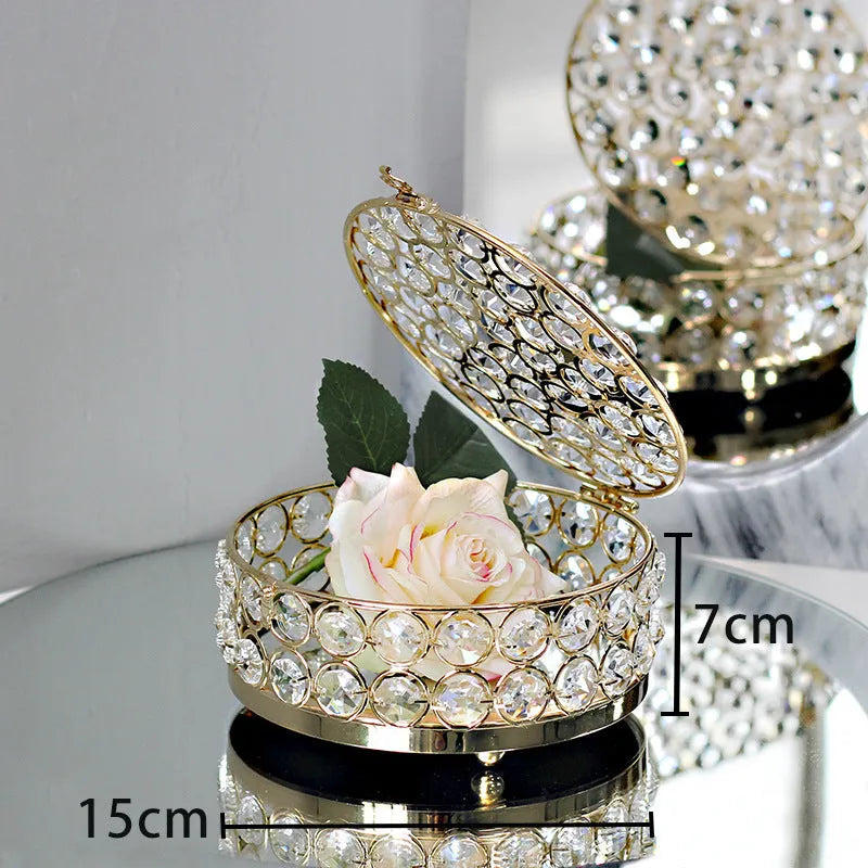 French gold jewelry storage box with crystal glass transparent lid on iron frame