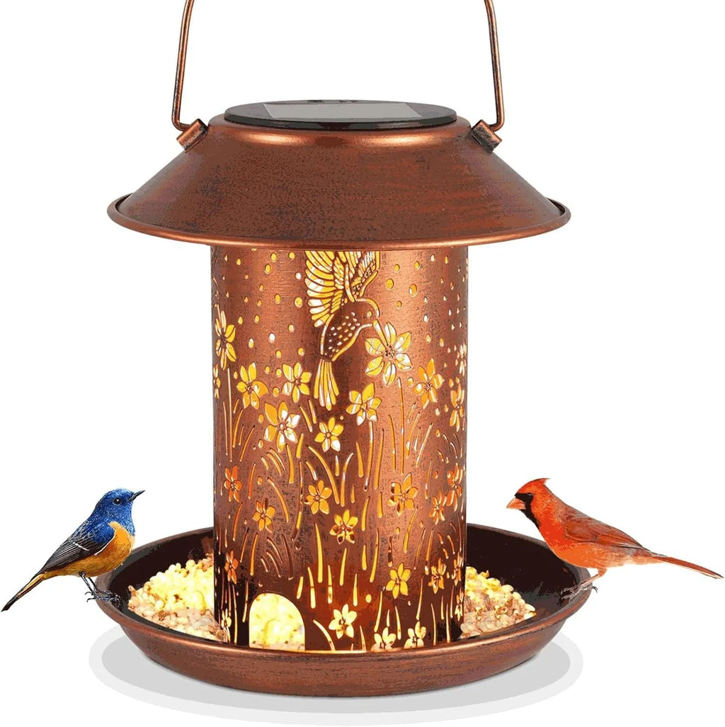 Solar-powered iron art hummingbird pattern garden lamp feeder with waterproof outdoor design