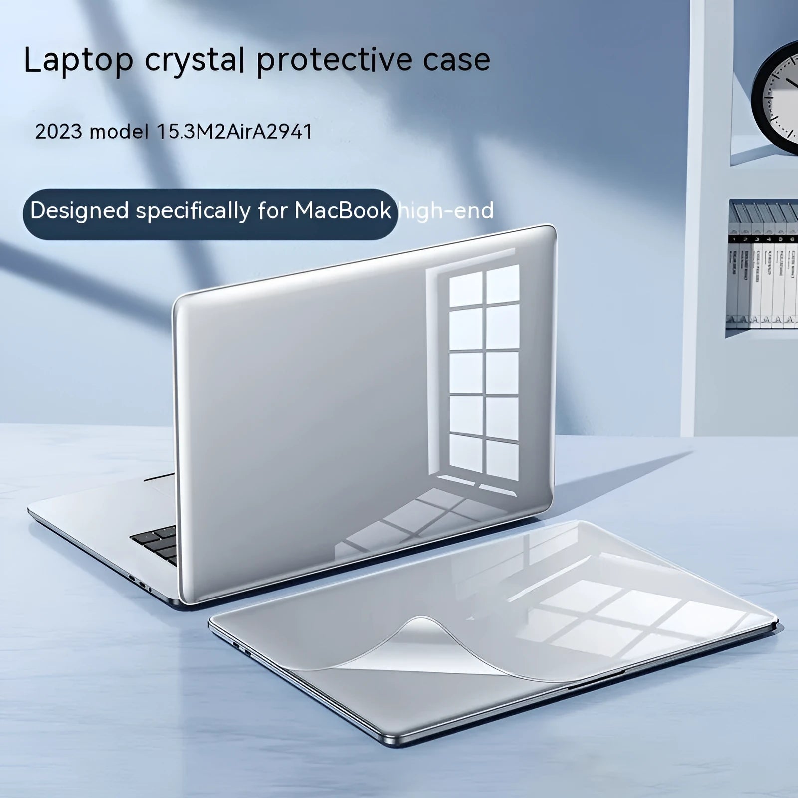 Hard plastic protective case on a MacBook laptop showing crystal transparent and matte black colour options