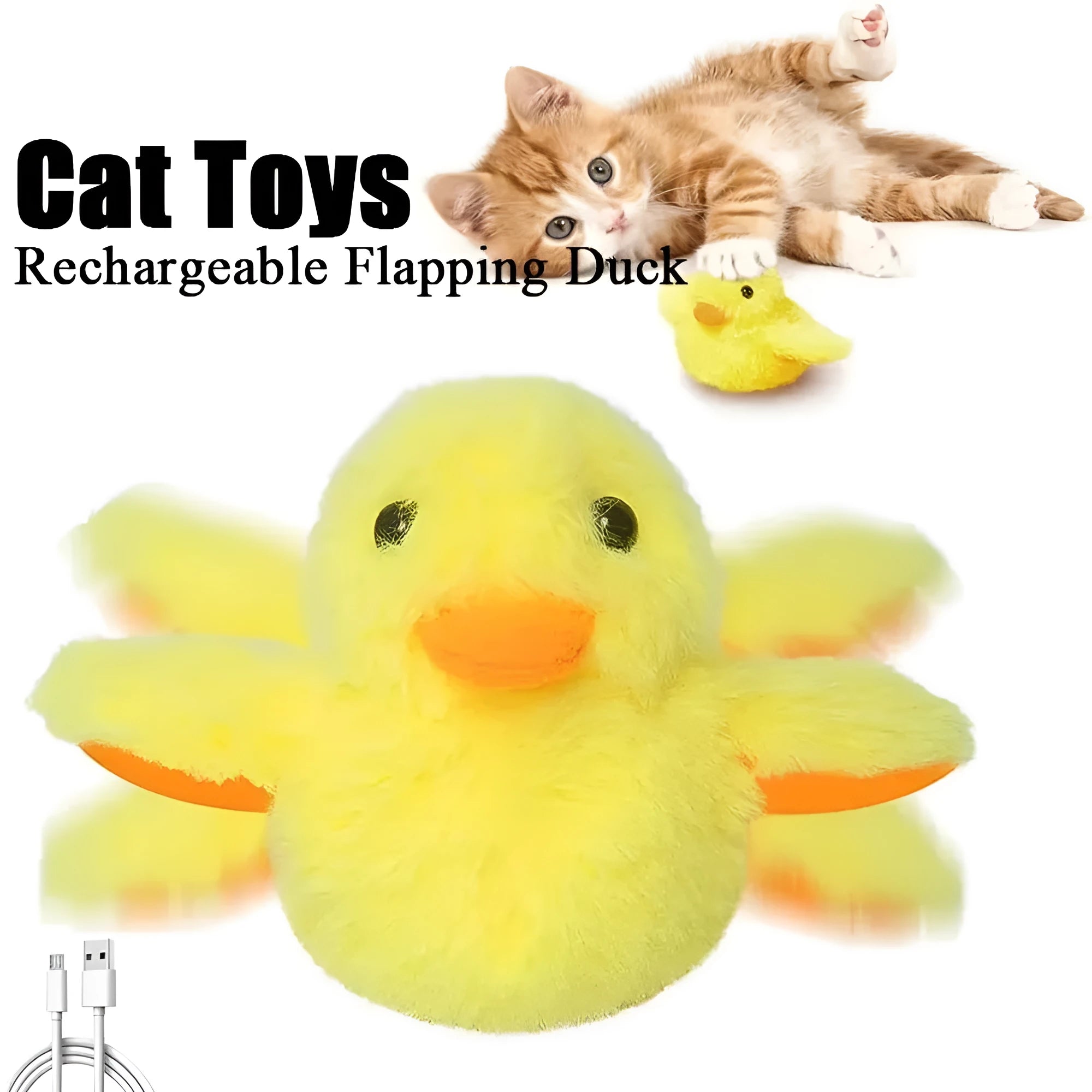 Yellow flapping duck cat plush toy with vibration sensor and USB charging cable on a neutral background.