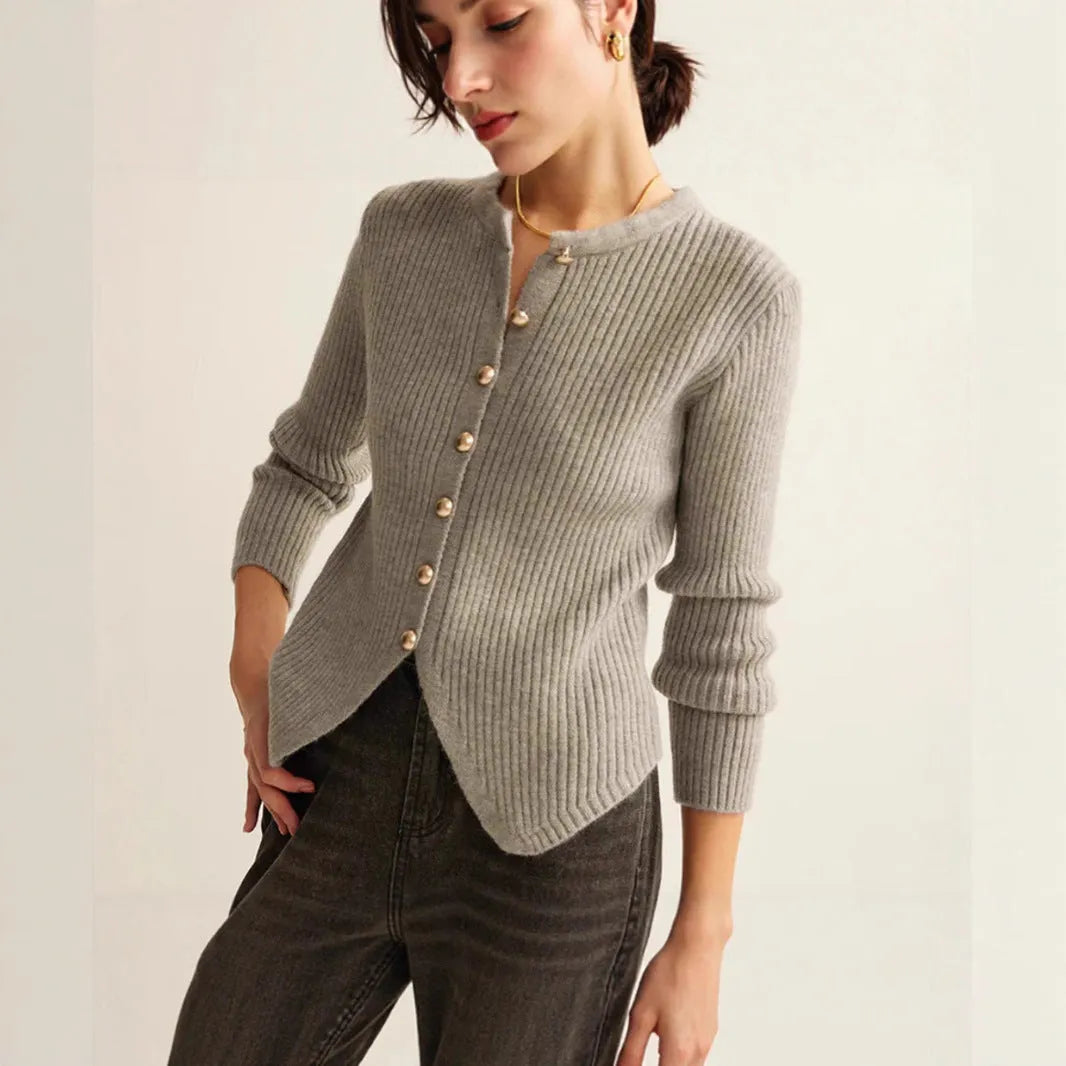 Silver grey yuan collar loose cardigan sweater on a hanger