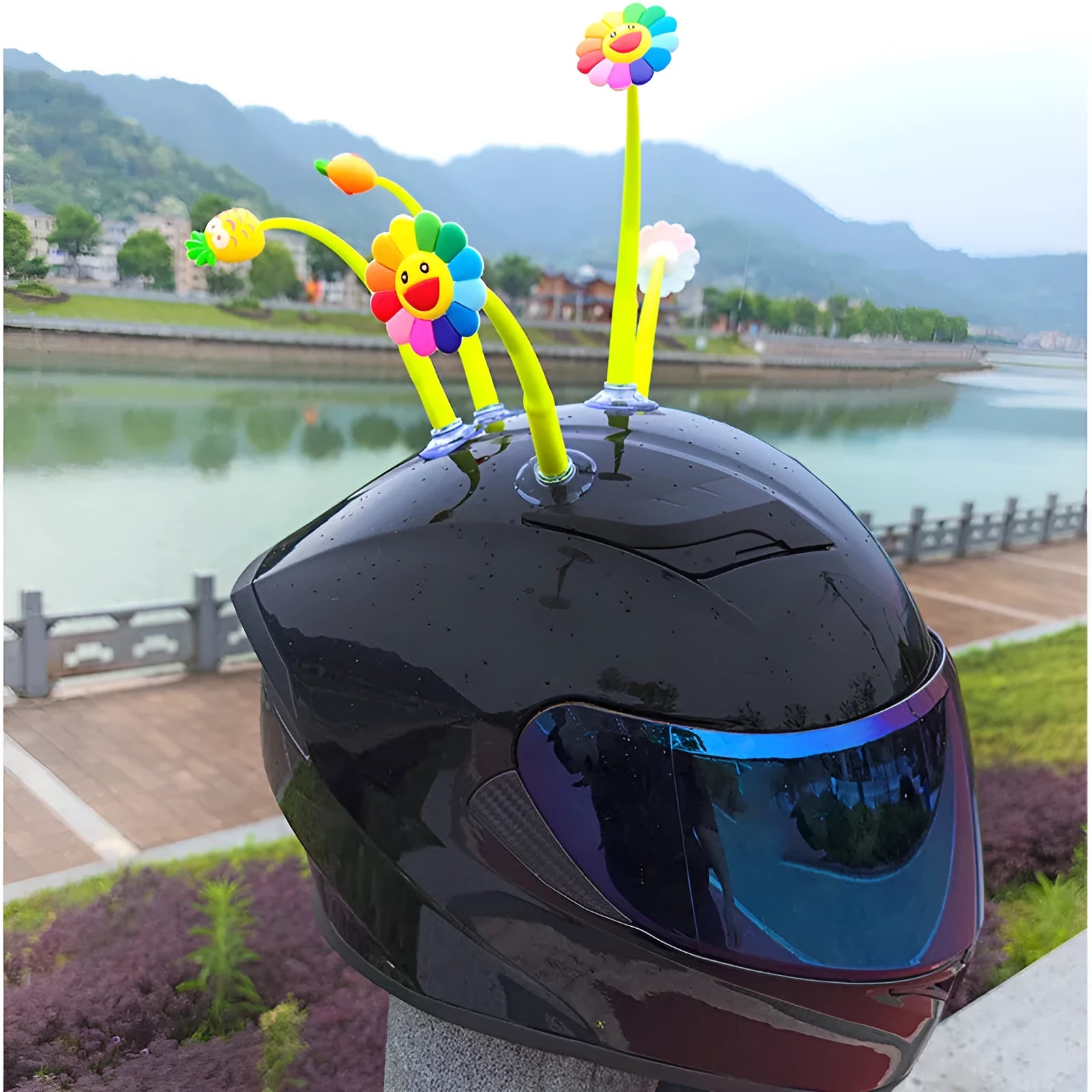 Yellow sunflower silicone decoration with suction cup for helmet mounting