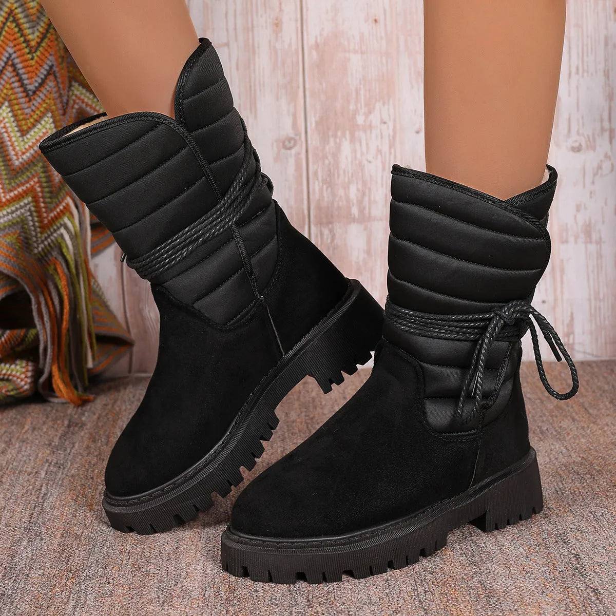 Women's chunky heel snow boots in black with suede upper and lace-up design
