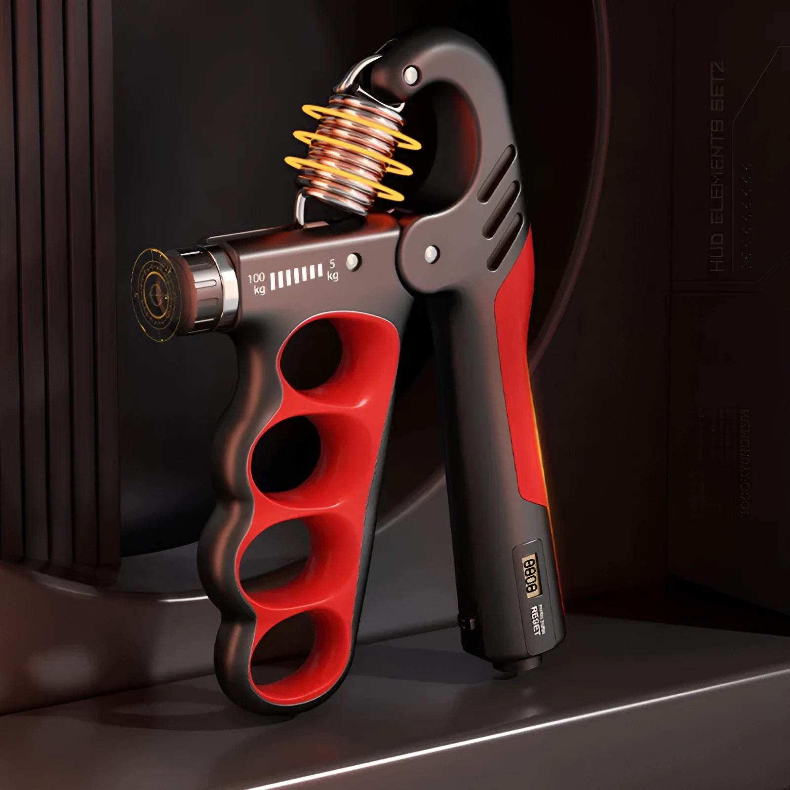 Adjustable electronic count spring grip in orange with digital display for hand strength training.