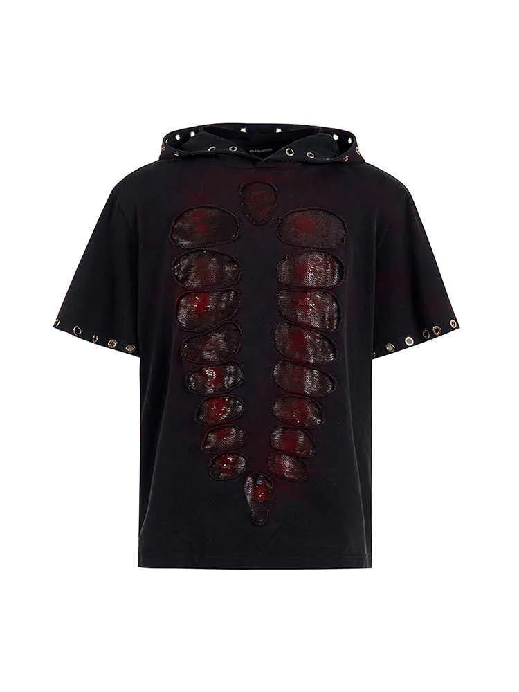 Black men's hooded short-sleeve T-shirt with sequin design, loose fit