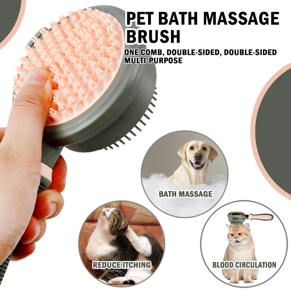 Double sided pink cat grooming brush with release button showing brush and flea comb sides