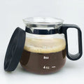 Transparent borosilicate glass coffee maker with silicone lid showing 355ml-473ml capacity markings
