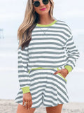 Black stripe cotton blend blouse with matching shorts set featuring ribbed banding