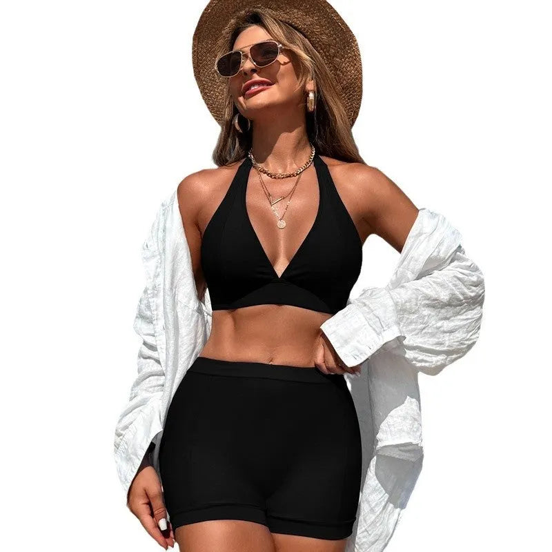 Women's two-piece nylon bikini swimsuit in black, shown front-on.