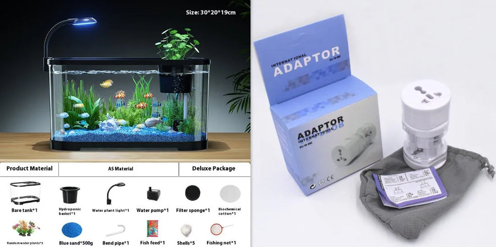 Desktop ecological fish tank in luxury black with integrated landscape filter and oxygenator.