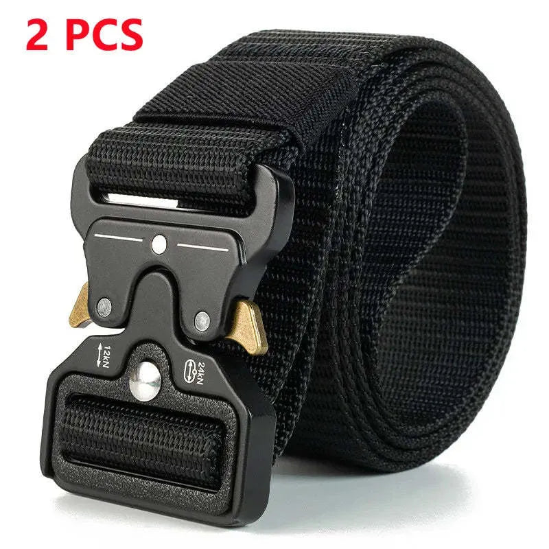 Men's thick canvas tactical belt with alloy buckle in 120cm length on colour background