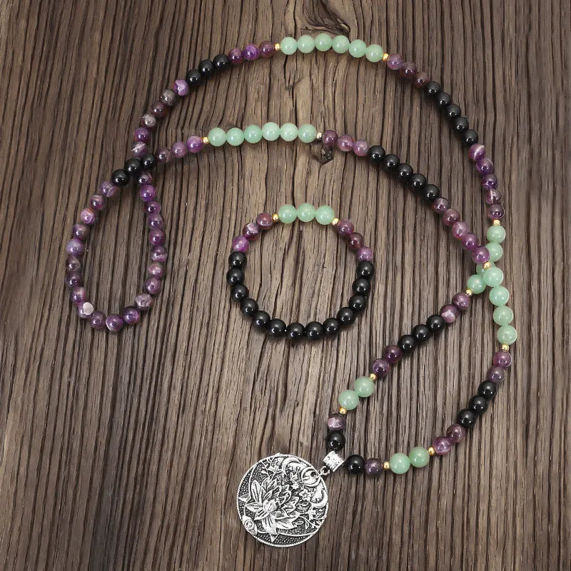 Handmade stone bead yoga necklace with alloy lotus pendant and matching bracelet