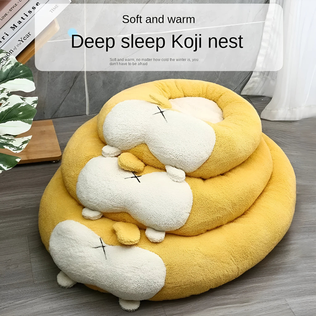 Corgi-shaped plush pet bed for dogs and cats in three sizes with soft filling