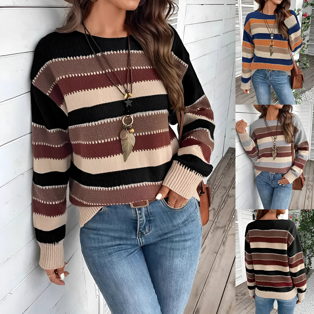 Women's colourblock striped pullover sweater with long sleeves in polyester fabric