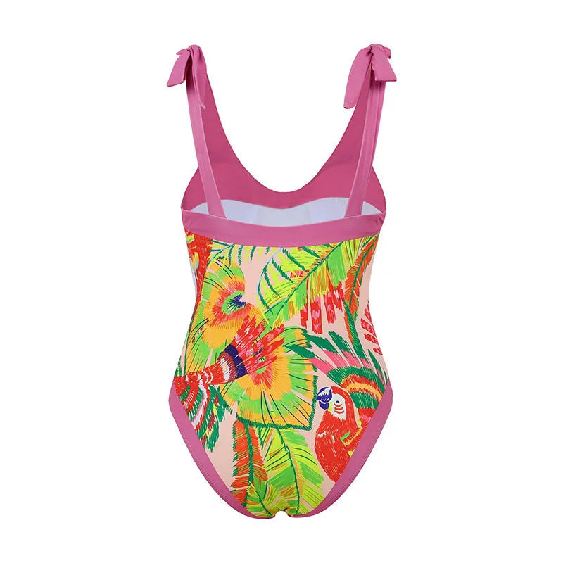 Pink floral print retro women's one-piece swimsuit with V-neck and attached thin skirt