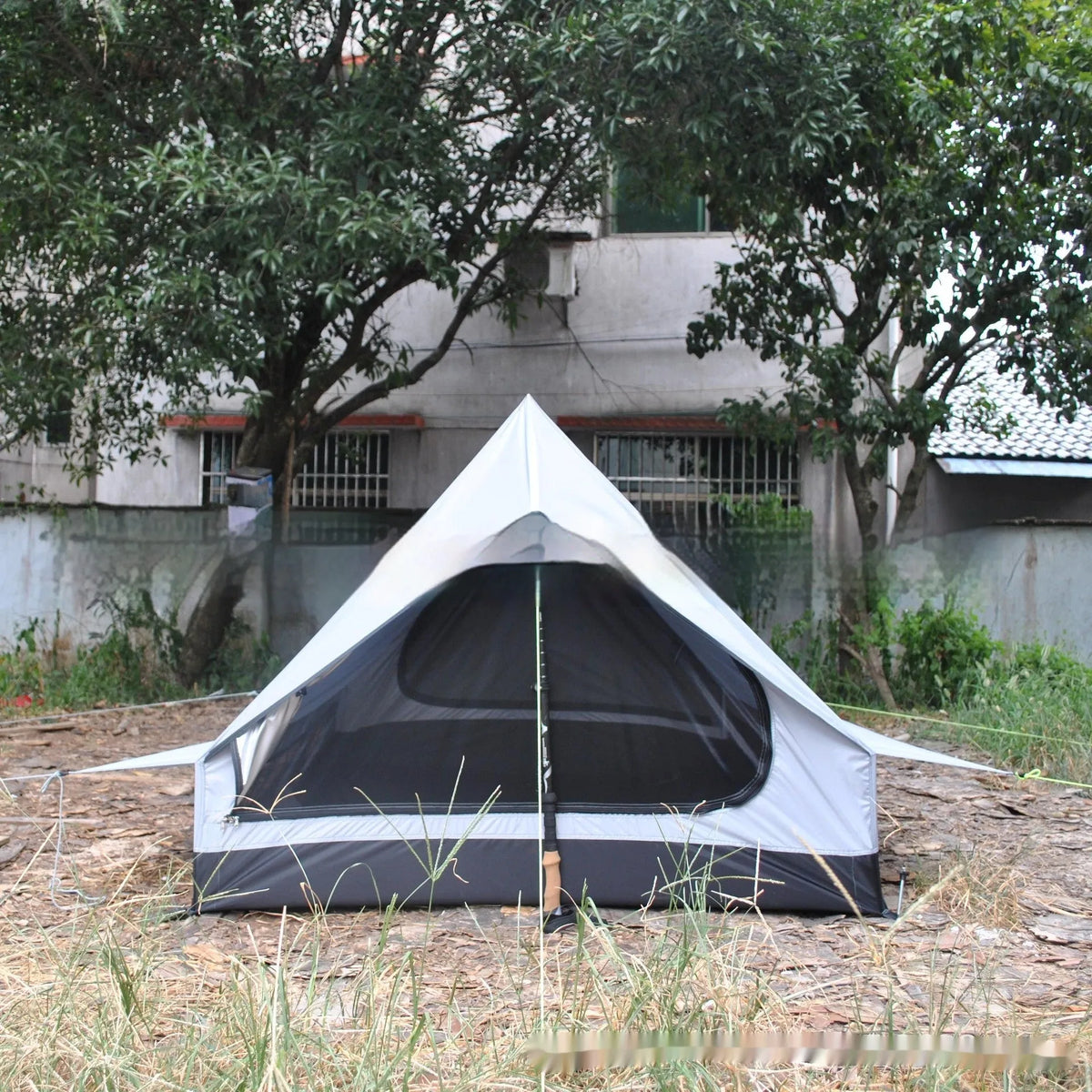 Brown and white pole-free A-line tent made of 210T fabric with PU4000 waterproofing for 2-3 people