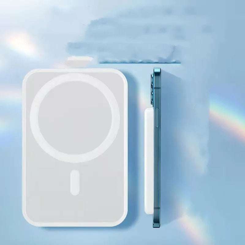 White magnetic wireless charging power bank with 5000mAh capacity measuring 100x65mm