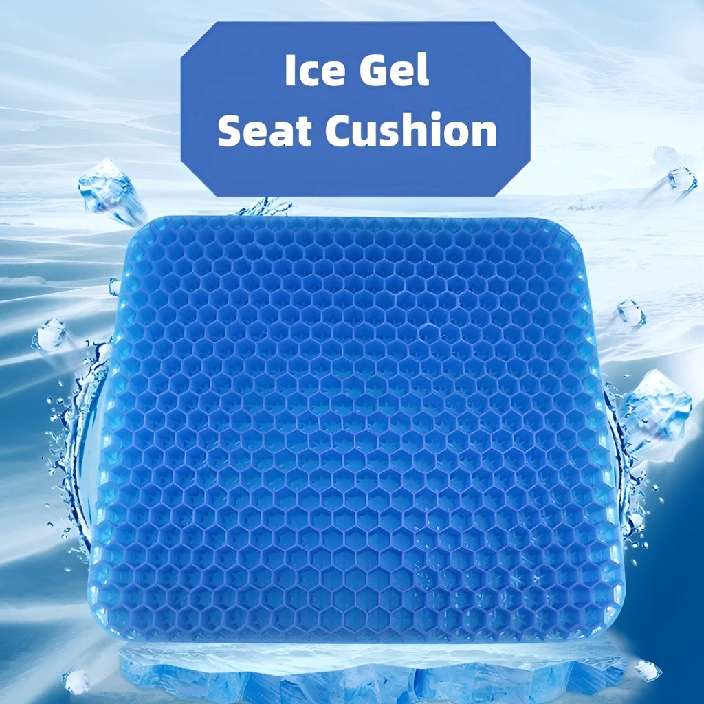 Gel seat cushion with honeycomb pattern showing removable cover and double-thick construction