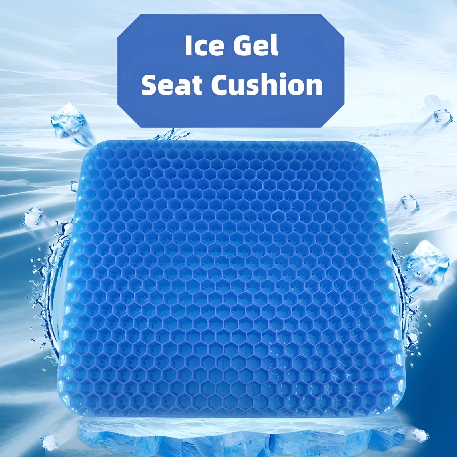 Gel seat cushion with honeycomb pattern showing removable cover and double-thick construction