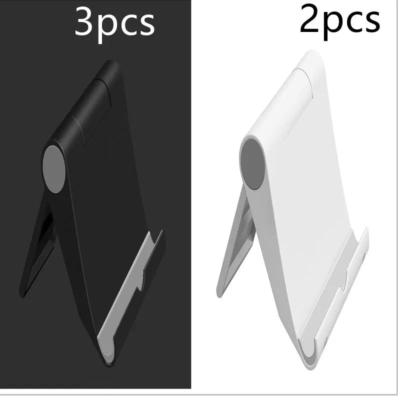 Black PE folding tablet stand holding a mobile phone at an adjustable angle