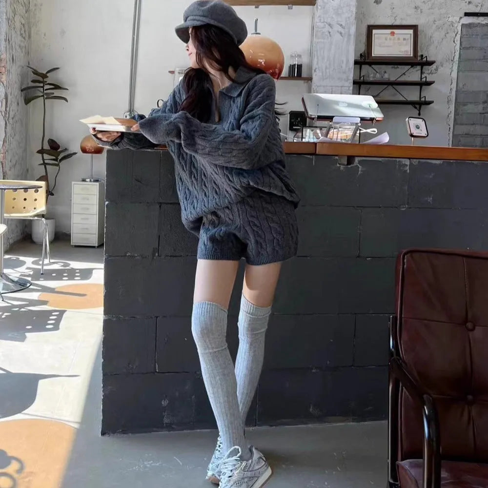 Ladies knitted jumper and shorts set in acrylic with geometric cable knit pattern, elastic waist shorts