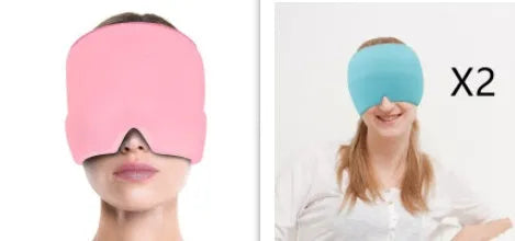 Black elastic cloth gel cooling eye mask for headache relief, shown with adjustable strap.