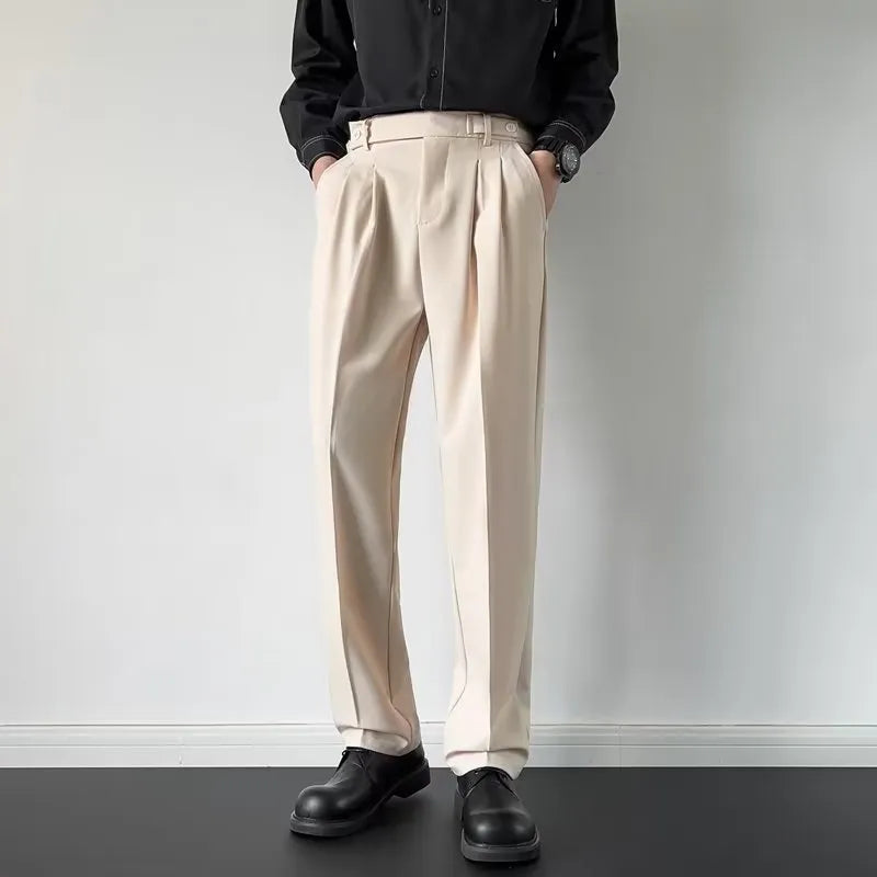 Men's straight loose fit trousers in apricot or black colour with polyester fabric