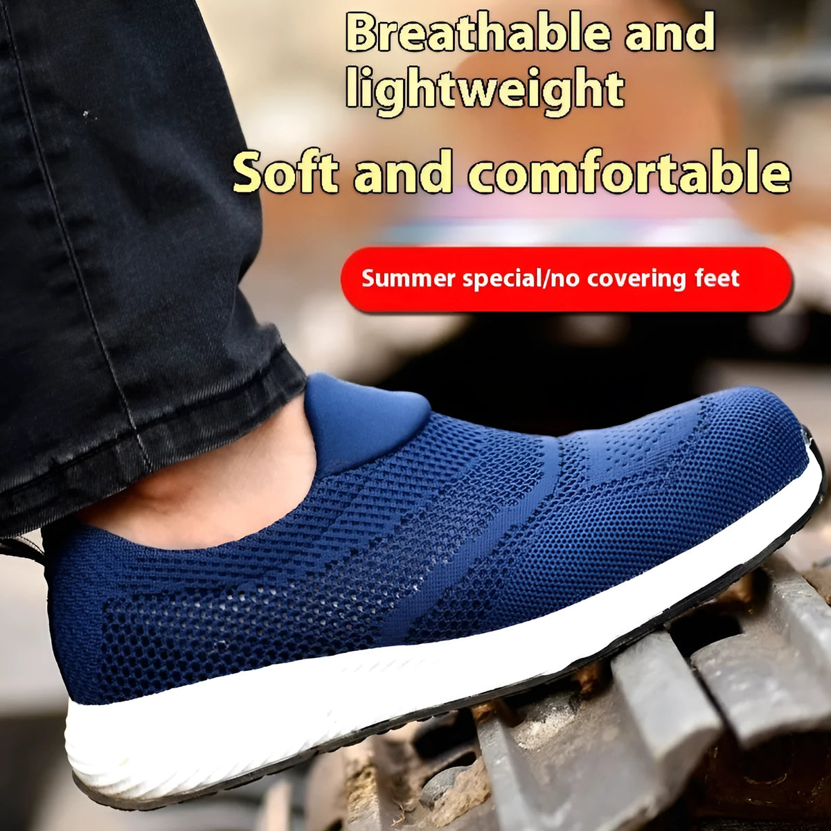 Men's steel toe work shoes in black with mesh upper and anti-puncture safety features
